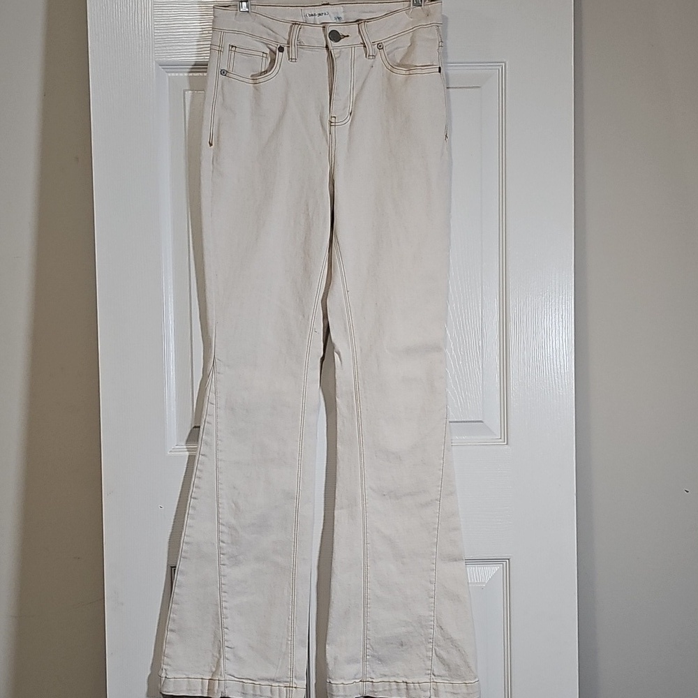 Ban.Jara Cream Contrast Stitch Flare High Rise Wide Leg Jeans Size 3/25